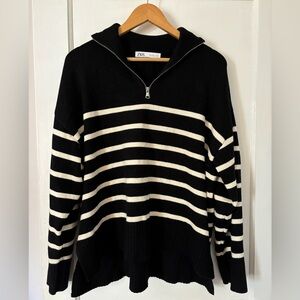 Zara Black and White Striped Quarter Zip Sweater